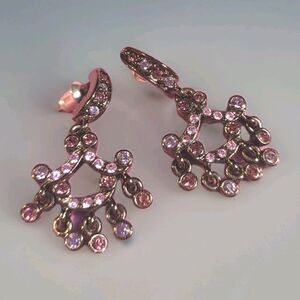 Joan Rivers Pierced Earrings Chandelier Dangle Pink Purple stones black metal